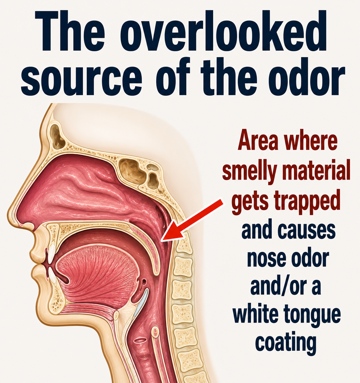 Medical illustration showing trapped material in the narrow area at the back of the nasal passage